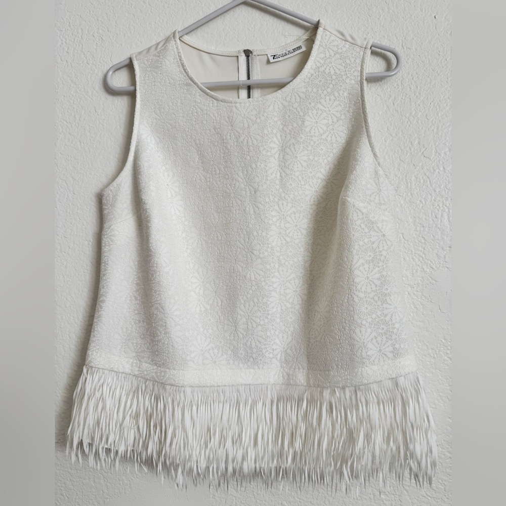 White Sleeveless Fringe-Trim Tank